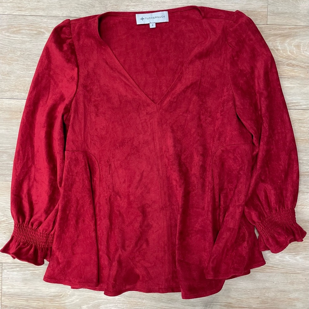 Tuckernuck Easton Faux Suede Blouse Size small Red V Neck Puff Sleeve